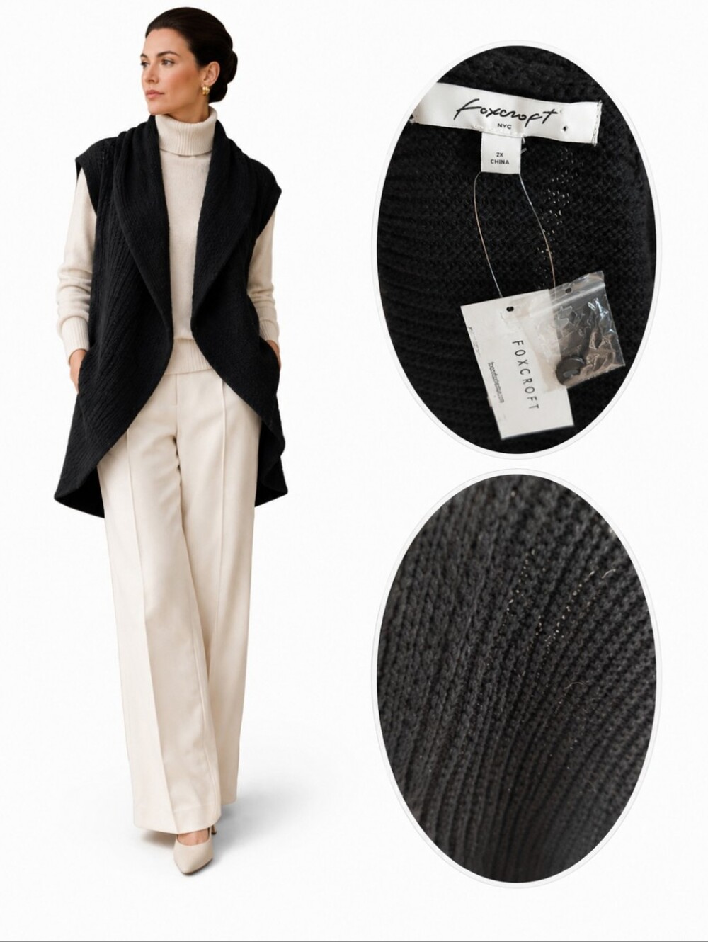 New Foxcroft Open-Front Black Knit Vest Cocoon Chic Cotton Plus Size NWT Sz 2x